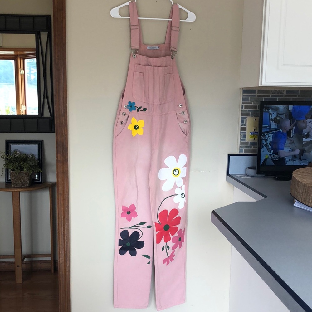 MISSLOOK pink Floral OVERALLS Med BOHO Hippie NEW